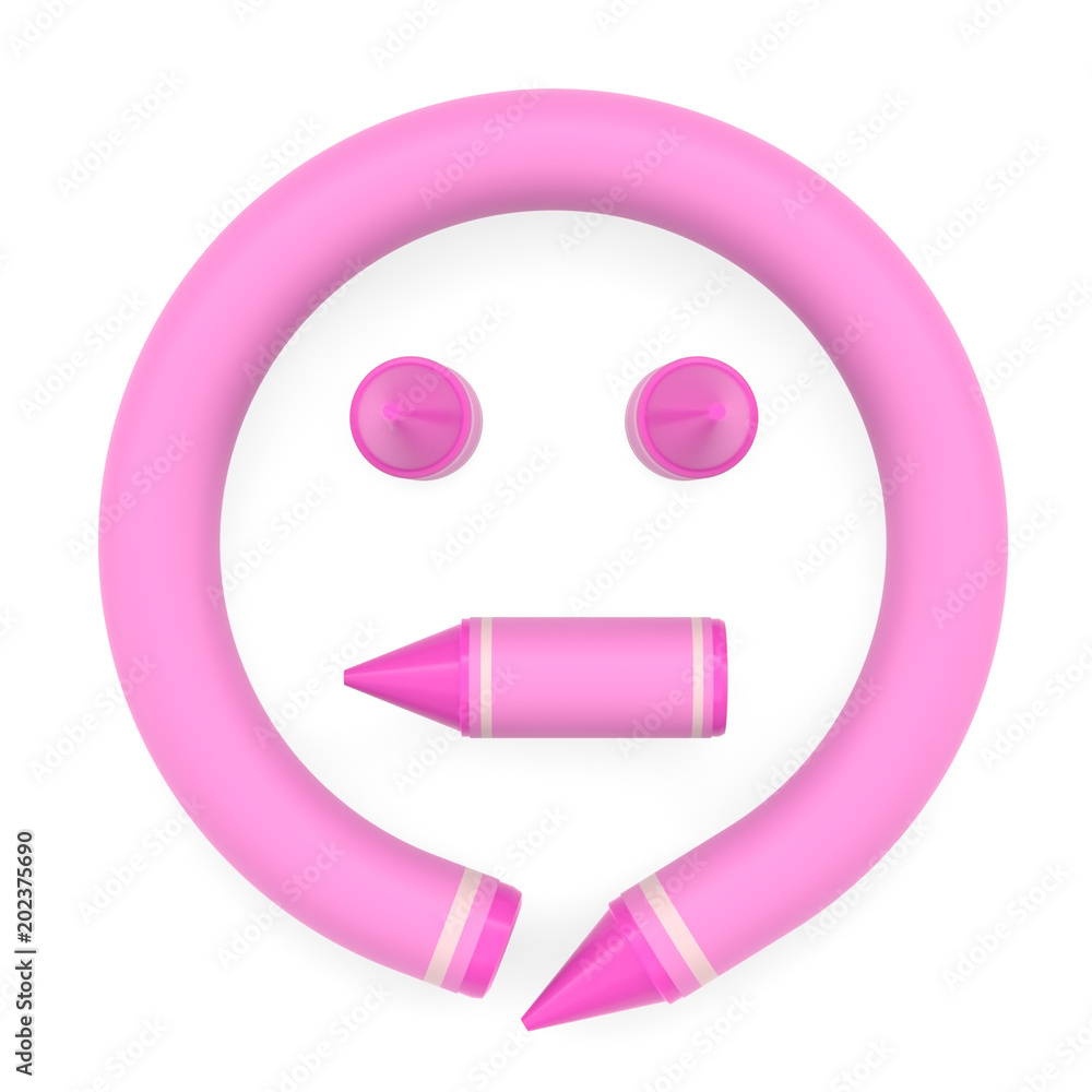Pink wax crayon face lake emoji emoticon on white background, 3D rendered Pink wax crayon face lake emoji emoticon on white background, 3D rendered