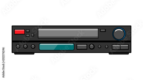 Gray old retro hipster antique video recorder for video cassettes for watching movies, video with lots of buttons from the 80's, 90's in a flat style on a white background. Vector illustration.