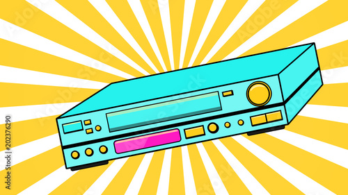 Blue Old Vintage Volumetric Retro Hipster Antique VCR for videocassettes for watching movies, videos from the 80's, 90's on a background of yellow rays. Vector illustration.
