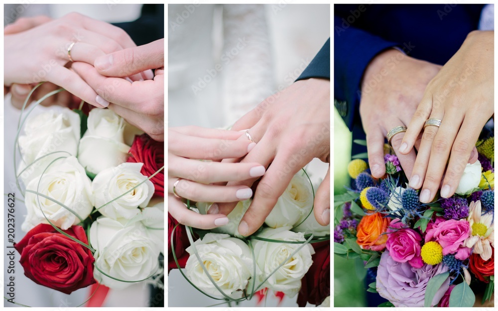 Φωτογραφία Wedding collage - hands with rings, people renewing vows.