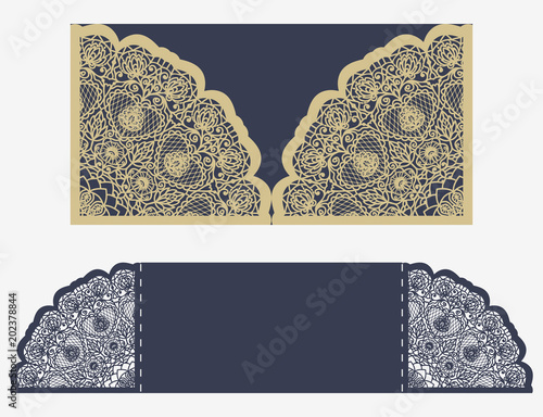 Laser Cut Invitation Card. Laser-cut pattern for invitation wedding card. Wedding invitation envelope template. Pattern suitable for laser cutting, plotter cutting or printing. Vector