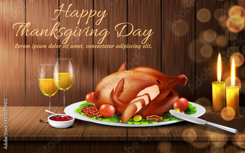 Happy Thanksgiving day vector background. Traditional holiday dinner, roasted turkey with vegetables, cranberry sauce, glasses of white wine and candles on wooden table. Template for greeting card