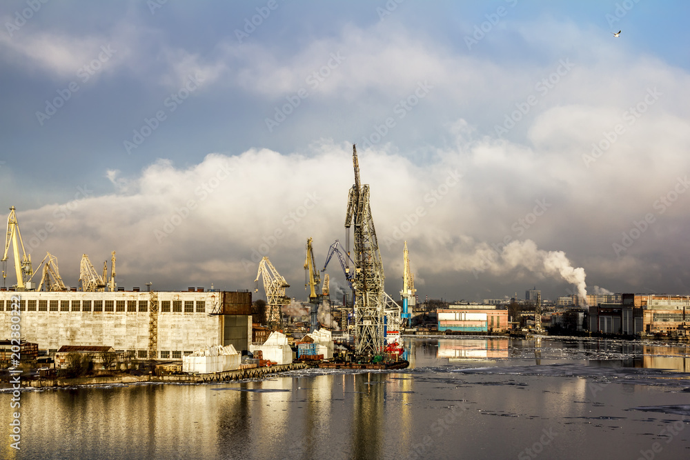 Cranes in the marine cargo port of Saint-Petersburg