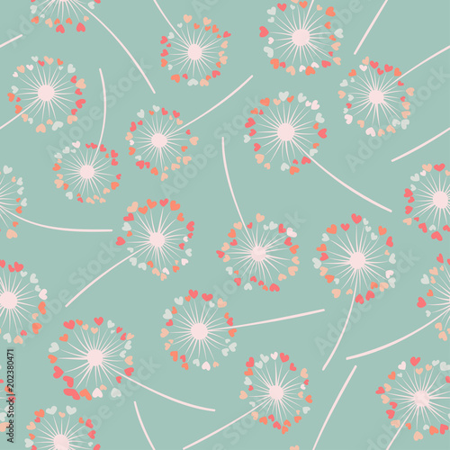 Dandelion isolated vector seamless valentine background pattern. Meadow flower illustration with heart shaped fluff. Floral pattern with dandelion blowing flower isolated. Blossom with love symbols.