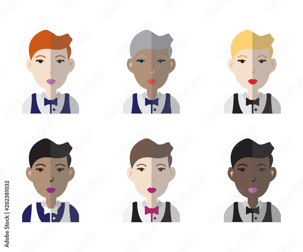 Colorful set of six racially diverse female waiters avatar icons. Vector illustration. Colorful set of six racially diverse female waiters avatar icons. Vector illustration.