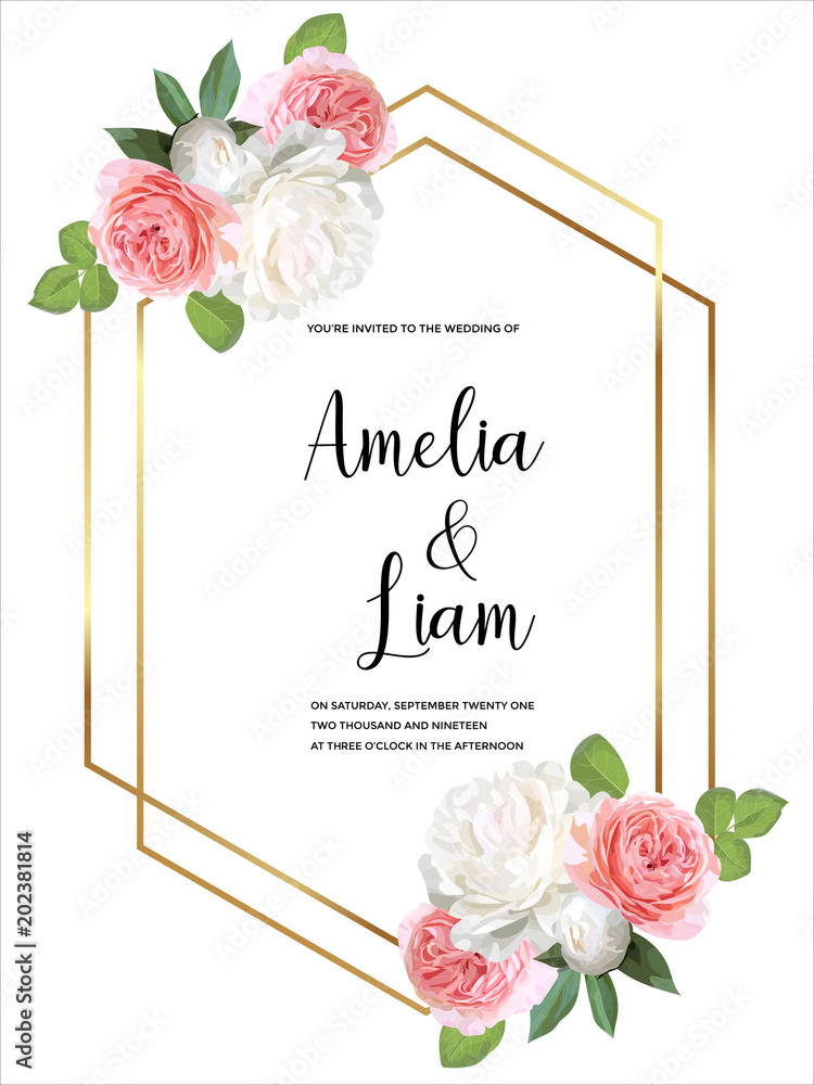Φωτογραφία Floral wedding invitation card with garden rose,peonies and leaves in watercolor style