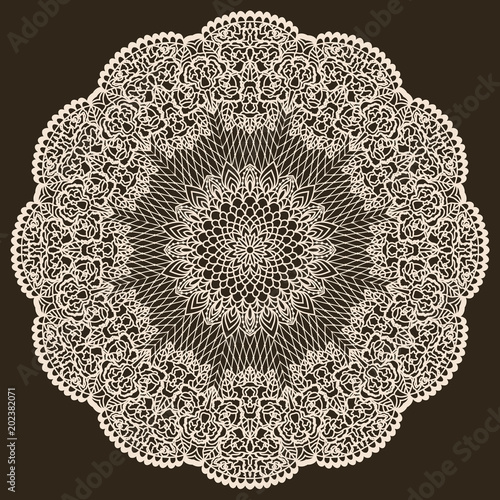 Mandala round pattern, black and white art background. Decorative lace motif, Isolated design element. Geometric line circular pattern, tribal ethnic ornament, vector illustration