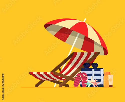 Vacation and travel concept. Beach umbrella, beach chair.