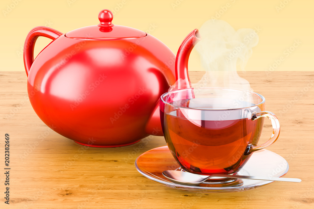 Cup of tea with teapot on the wooden table. 3D rendering Cup of tea with teapot on the wooden table. 3D rendering