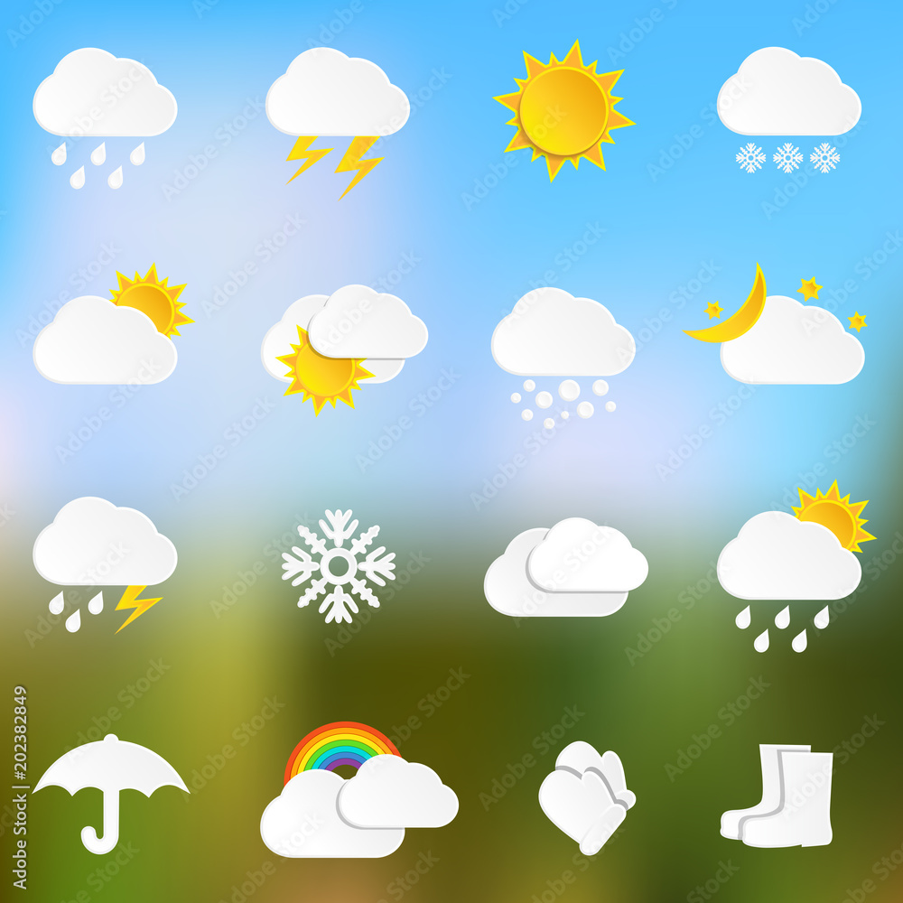Paper weather icons on blurred background Paper weather icons on blurred background