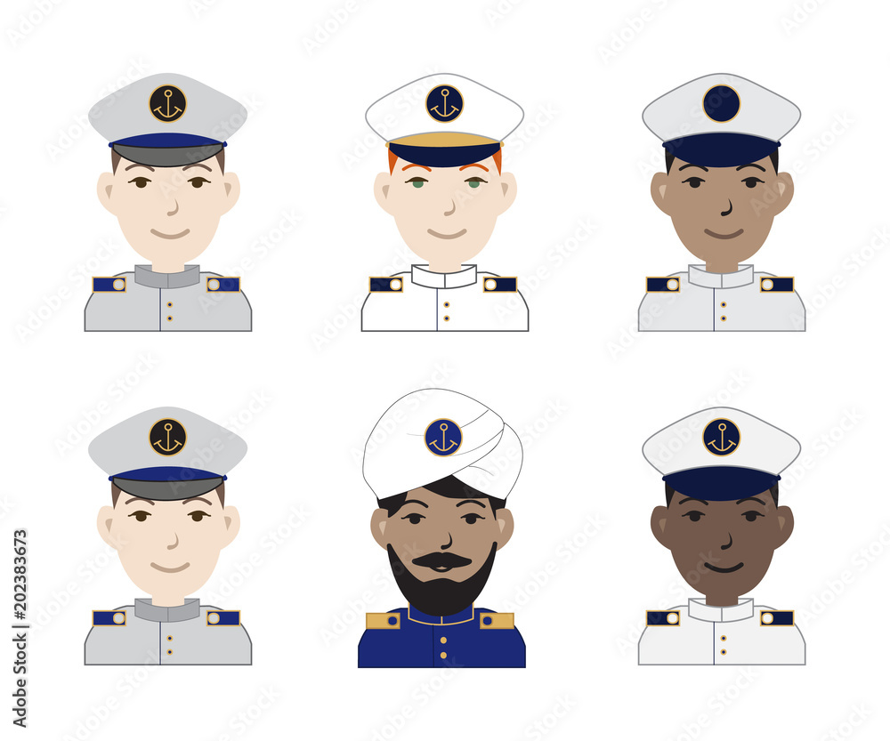 Collection of six different racial naval captain avatar icons. Vector illustration. Collection of six different racial naval captain avatar icons. Vector illustration.