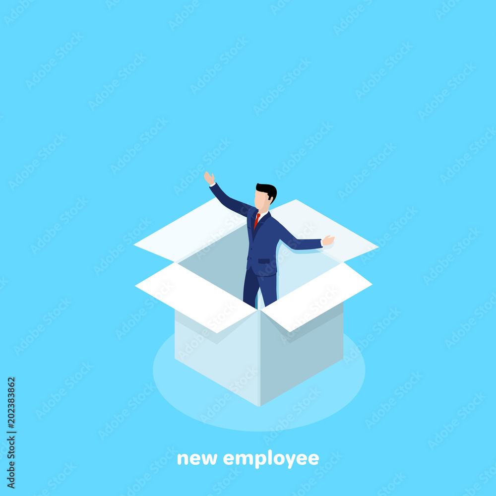Fototapeta premium a man in a business suit standing in an open white box on a blue background, an isometric image