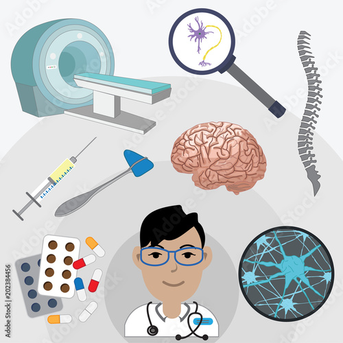 Colorful representation of neurologist profession. Male neurologist next to scientific elements. Vector illustration.