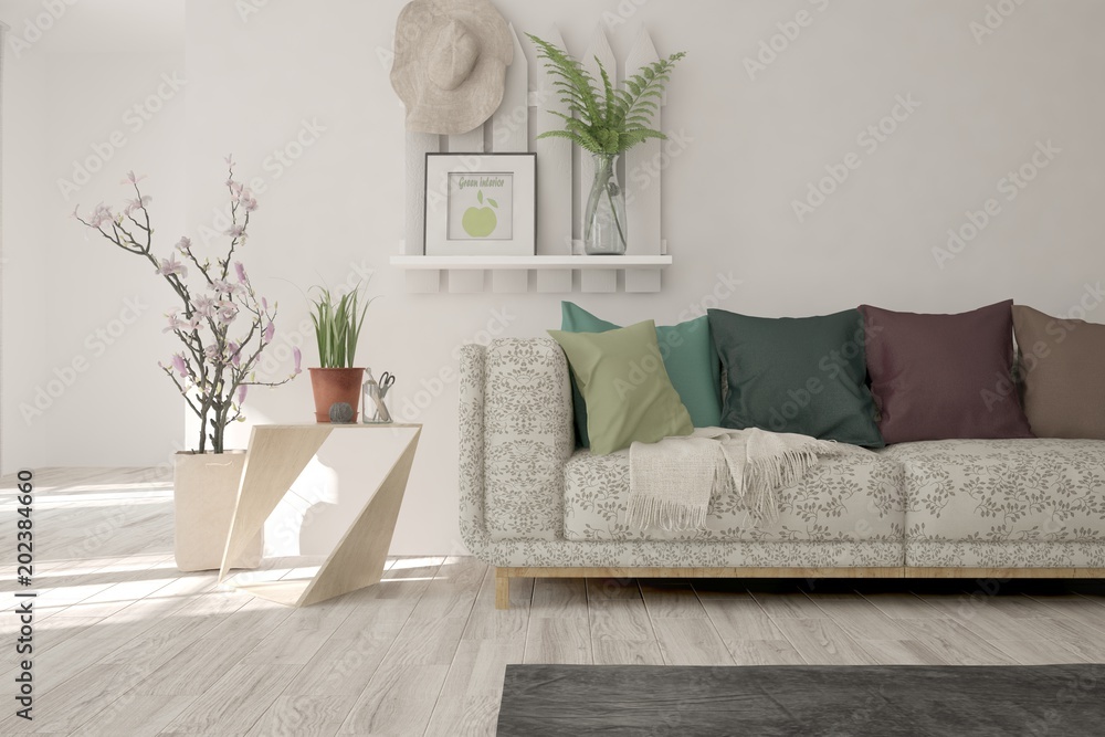 Naklejka premium Idea of white minimalist room with sofa. Scandinavian interior design. 3D illustration