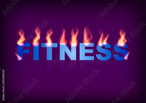 Word FITNESS with flames on the purple background. Vector illustration.