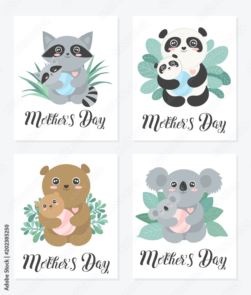 Set of Vector cute animal moms (panda, koala, bear, raccoon) with babies in the bushes