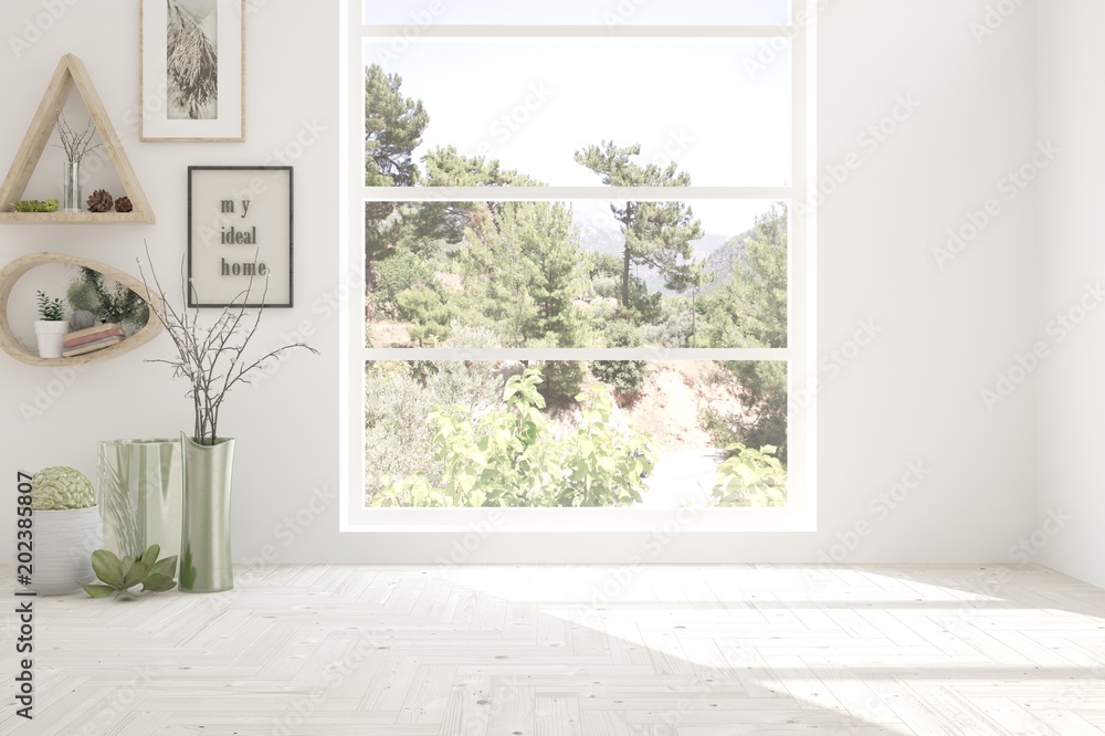 Fototapeta premium White empty room with decor and summer landscape in window. Scandinavian interior design. 3D illustration