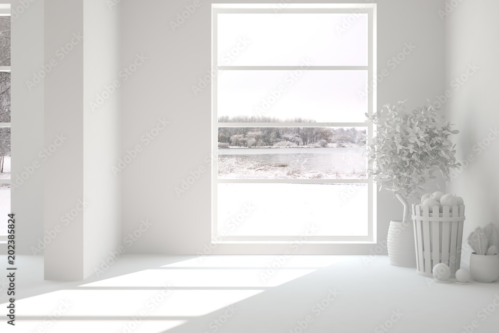 Fototapeta premium White empty room with decor. Scandinavian interior design. 3D illustration