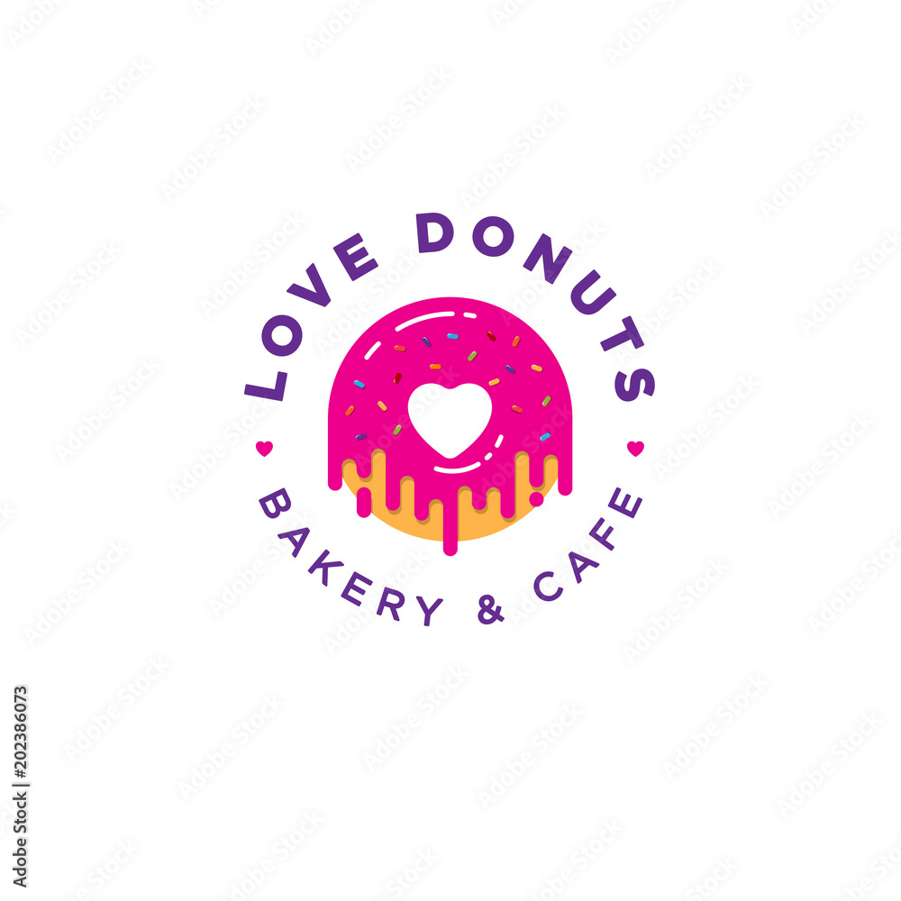Love Donut logo. Bakery and donuts cafe emblem. Pink Donut with heart logo. A beautiful Donut with cream and small candies. Japanese style. Love Donut logo. Bakery and donuts cafe emblem. Pink Donut with heart logo. A beautiful Donut with cream and small candies. Japanese style.