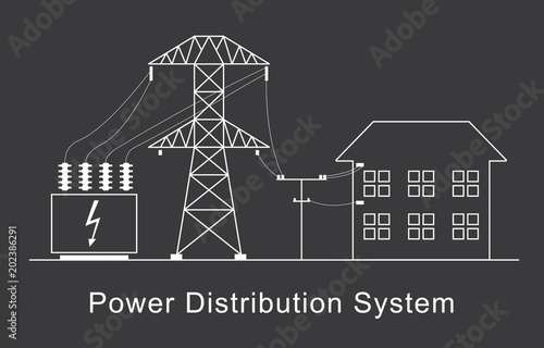 Power distribution system. White linear simple design on dark grey background. Vector illustration.