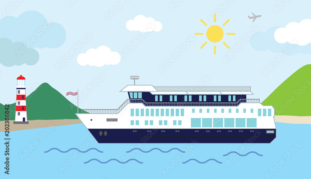 Color vector illustration of a cruiser ship,sailing into harbor ,on a sunny day.