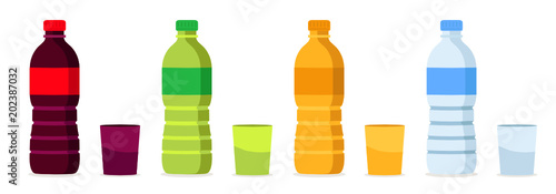 Set of Beverages bottles, soda, lemon, orange and water