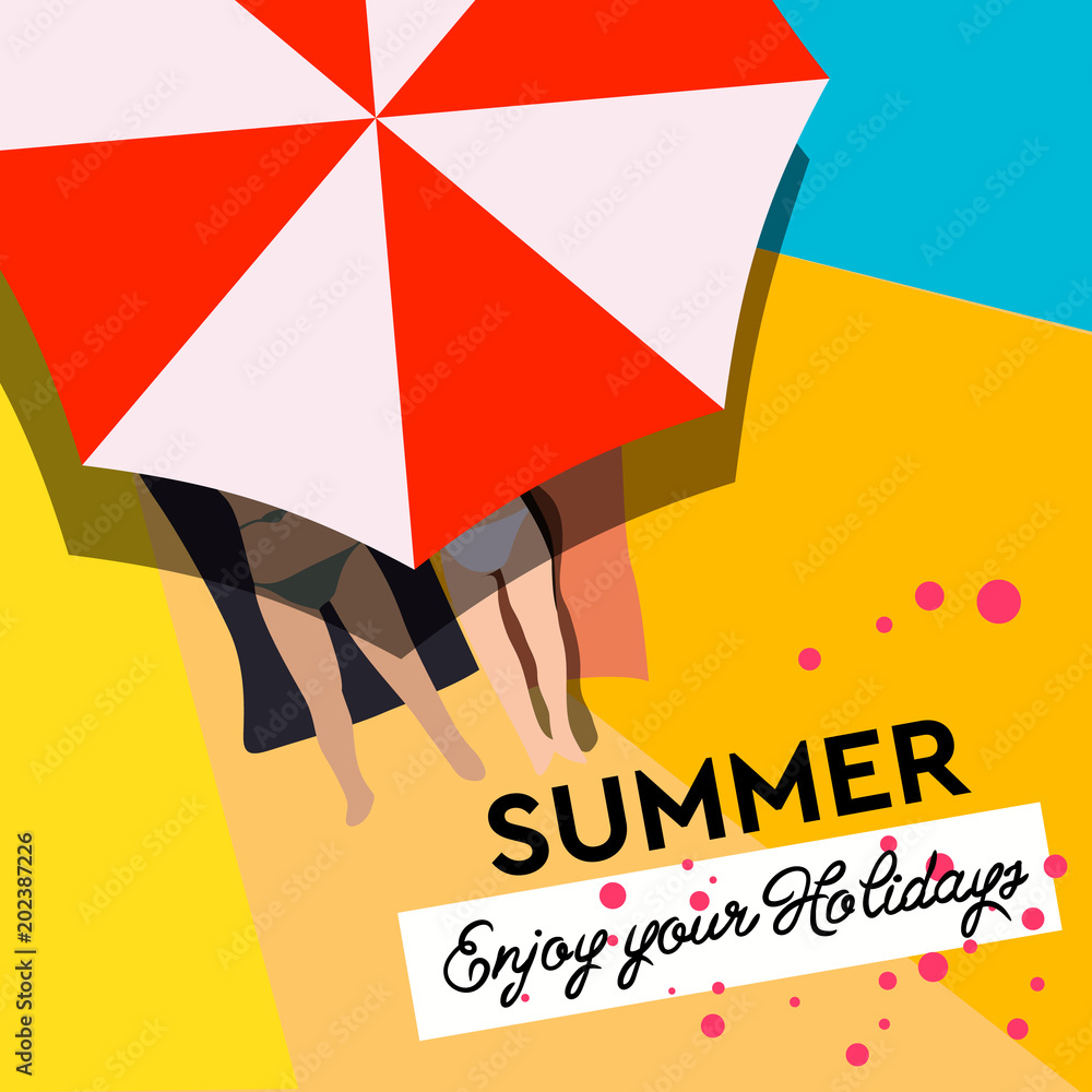 Φωτογραφία Poster for summer, top view young woman in swimwear and umbrella, vector illustration