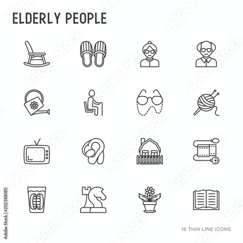 Elderly people thin line icons set: grandmother, grandfather, glasses, slippers, knitting, rocking chair, hearing aid, flowers. Modern vector illustration