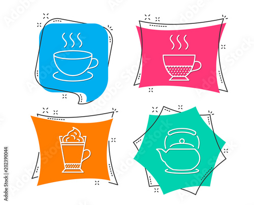 Set of Cappuccino, Latte coffee and Doppio icons. Teapot sign. Espresso cup, Hot drink with whipped cream, Coffee drink. Tea kettle.  Flat geometric colored tags. Vivid banners. Trendy graphic design