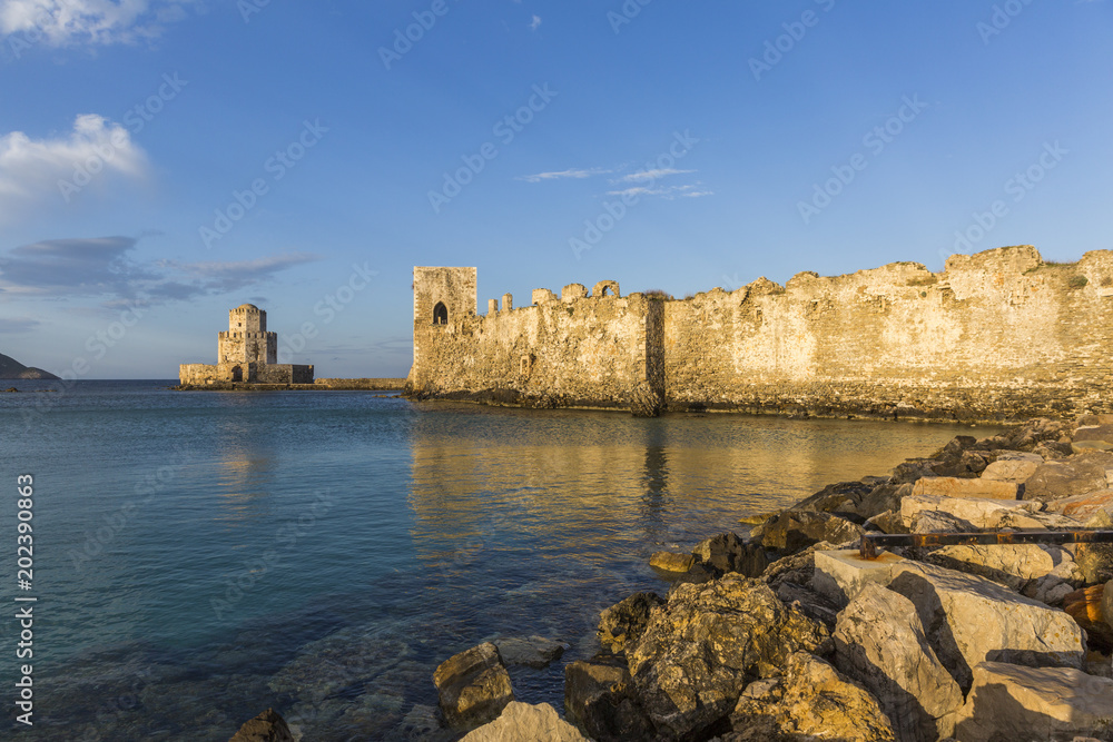 The Methoni castle and the Bourtzi tower on the southern cape of Peloponnese