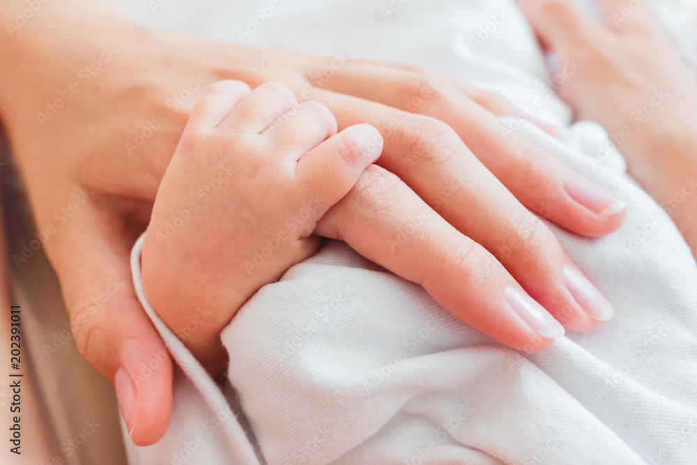Newborn baby holding his mother finger. Hands  of tiny baby and adult woman. Moment of tenderness.