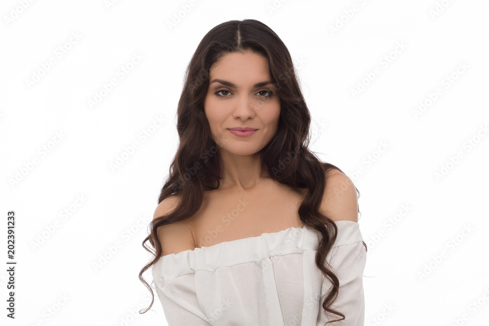 Portrait of wonderful young brunette woman with long hair looking at camera. Mid age woman over 35 years old concept. Portrait of wonderful young brunette woman with long hair looking at camera. Mid age woman over 35 years old concept.