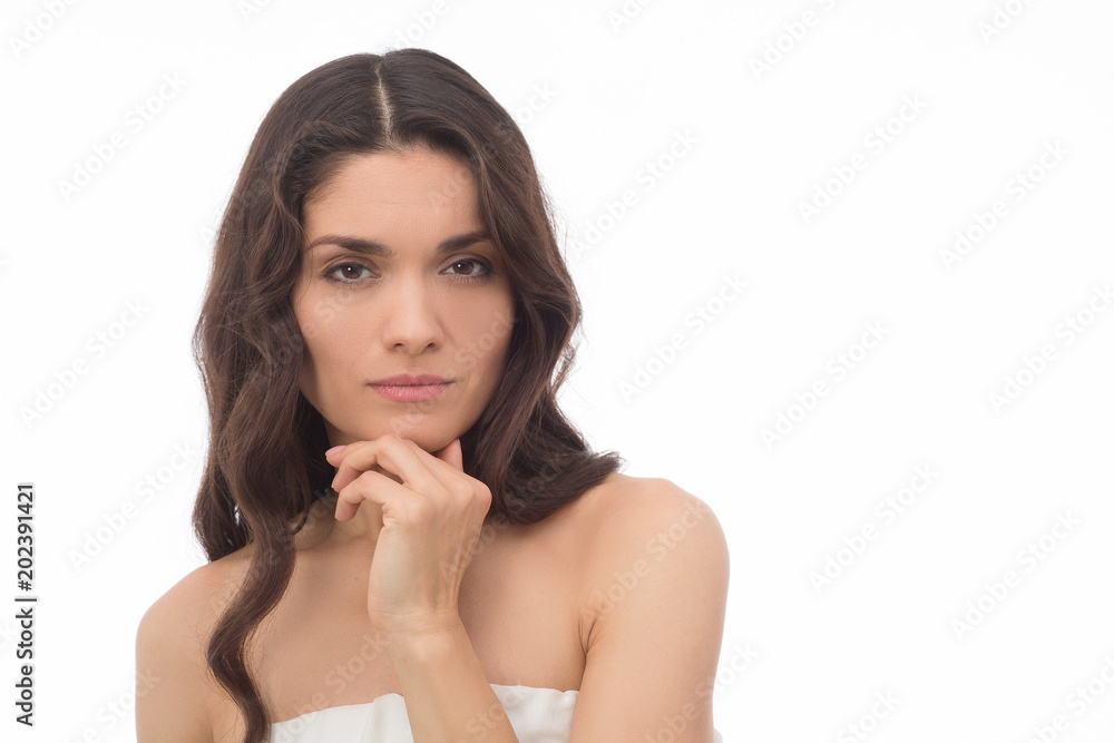 Luxury brunette woman with light makeup posing on camera. Beauty concept. Mid age woman over 35 years old beauty concept. Luxury brunette woman with light makeup posing on camera. Beauty concept. Mid age woman over 35 years old beauty concept.