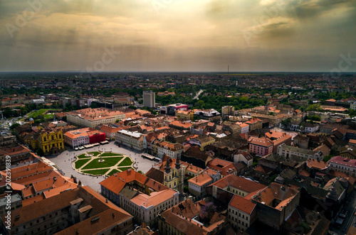 Aerial view of a cloudy day above Timisoara's historical center, Romania taken by a professional drone