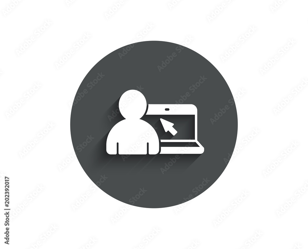 Online Education simple icon. Notebook or Laptop with mouse cursor sign. Internet Lectures symbol. Circle flat button with shadow. Vector Online Education simple icon. Notebook or Laptop with mouse cursor sign. Internet Lectures symbol. Circle flat button with shadow. Vector