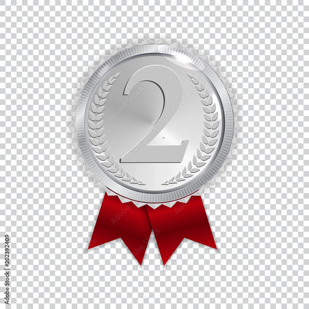 Champion Art Silver Medal with Red Ribbon Icon Sign Second Place