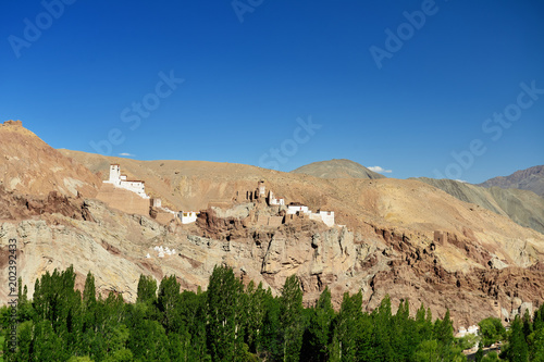 View on the beautifully located Buddhist monastery in the Basgo village in the background one can see the mountains Ladakh is admiring the beautiful Karakorum panorama