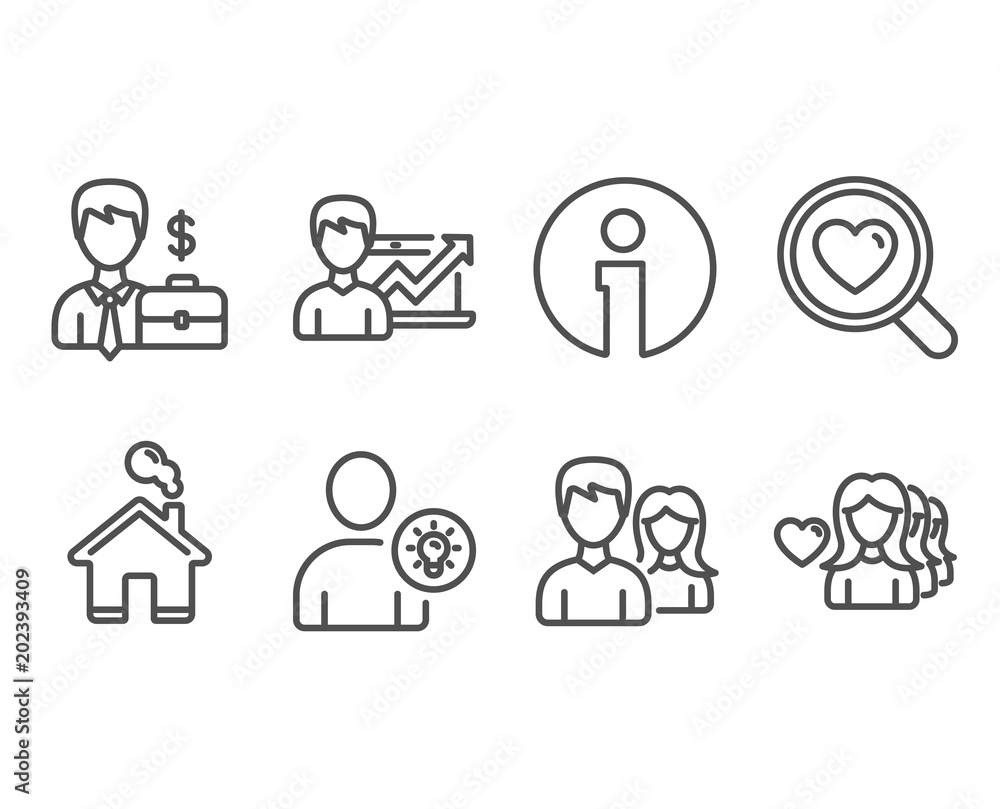 Set of Search love, Businessman case and Success business icons. User idea, Couple and Woman love signs. Dating service, Human resources, Growth chart. Light bulb, Male and female, Romantic people Set of Search love, Businessman case and Success business icons. User idea, Couple and Woman love signs. Dating service, Human resources, Growth chart. Light bulb, Male and female, Romantic people