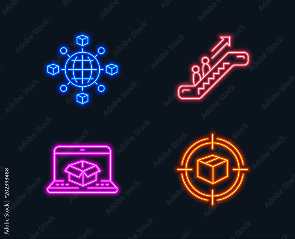 Neon lights. Set of Logistics network, Online delivery and Escalator icons. Parcel tracking sign. International tracking, Elevator, Box in target. Glowing graphic designs. Vector Neon lights. Set of Logistics network, Online delivery and Escalator icons. Parcel tracking sign. International tracking, Elevator, Box in target. Glowing graphic designs. Vector