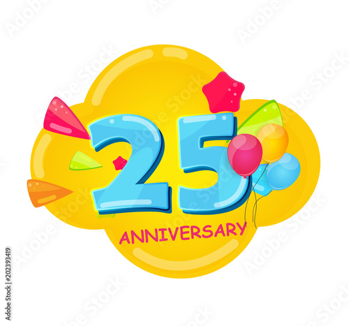 Cute Cartoon Template 25 Years Anniversary Vector Illustration