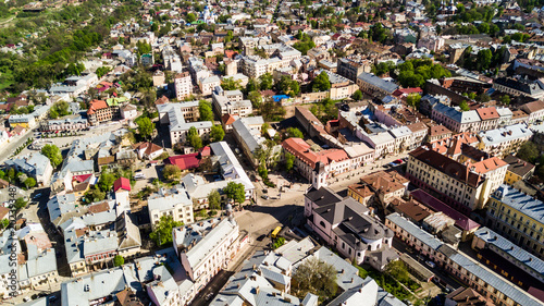 CHERNIVTSI, UKRAINE - April , 2018 : Polish Church in Chernivtsi city from above Western Ukraine. Sunny day of the city. photo