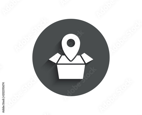 Package tracking simple icon. Delivery monitoring sign. Shipping box location symbol. Circle flat button with shadow. Vector