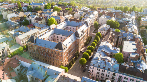 CHERNIVTSI, UKRAINE - April , 2018 : Government house in Chernivtsi city from above Western Ukraine. Sunny day of the city. photo