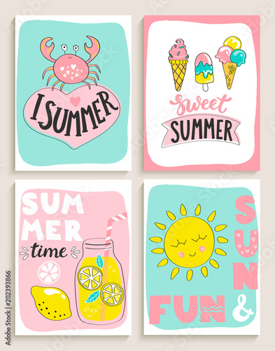 Set of 4 bright summer cards with cocktail,sun and fun,crab, ice cream and handdrawn lettering and other fun elements. Perfect for summertime posters,banners,gift,print. Vector illustration.