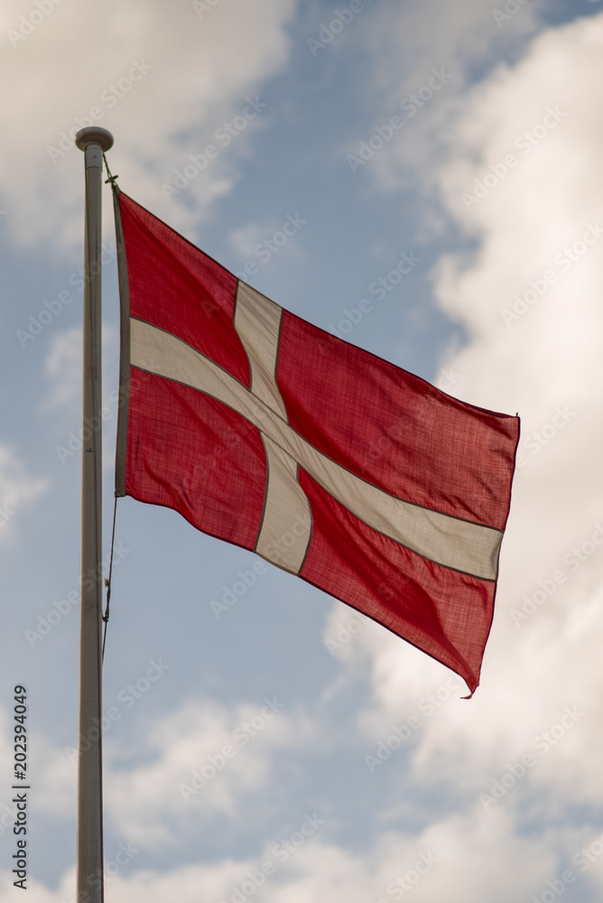 Φωτογραφία national flag of Denmark blowing in the wind with blue sky and clouds  in backgr