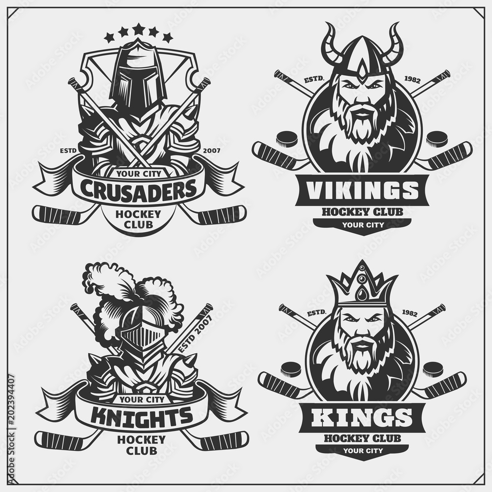 Hockey badges, labels and design elements. Sport club emblems with crusader, king, knight and viking. Hockey badges, labels and design elements. Sport club emblems with crusader, king, knight and viking.