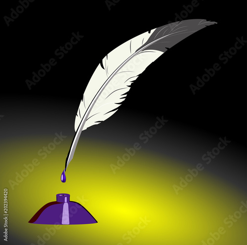 bird feather and inkwell on gradient background