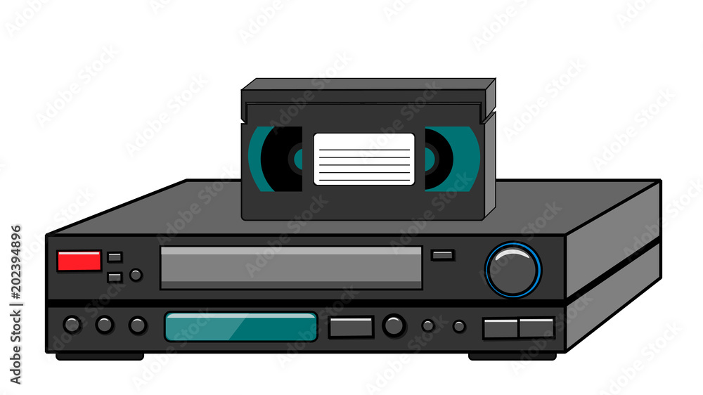 Black old vintage retro vintage hipster vintage video recorder with video  cassette standing on a VCR for watching movies, videos from the 80's, 90's  on a white background. Vector illustration. Stock Vector