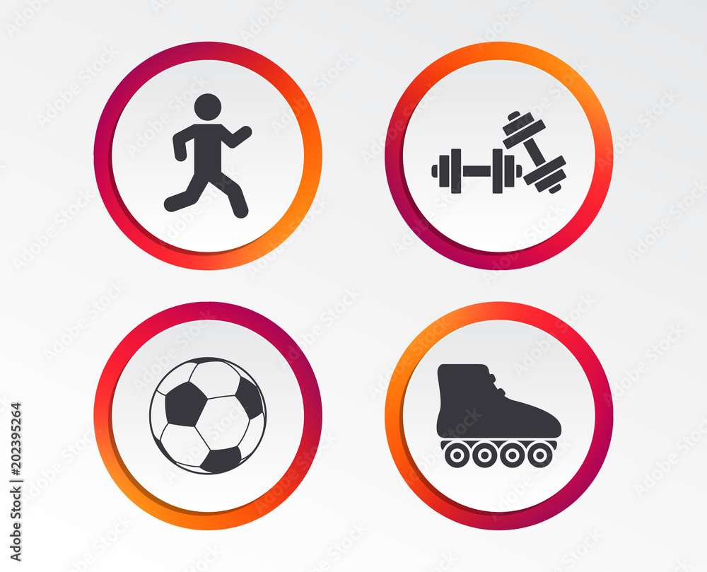 Football ball, Roller skates, Running icons. Fitness sport symbols. Gym workout equipment. Infographic design buttons. Circle templates. Vector Football ball, Roller skates, Running icons. Fitness sport symbols. Gym workout equipment. Infographic design buttons. Circle templates. Vector