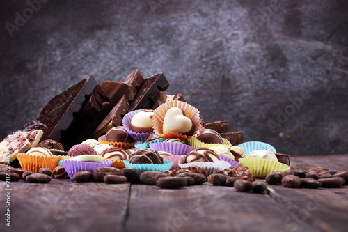 a lot of variety chocolate pralines, belgian confectionery gourmet chocolate.